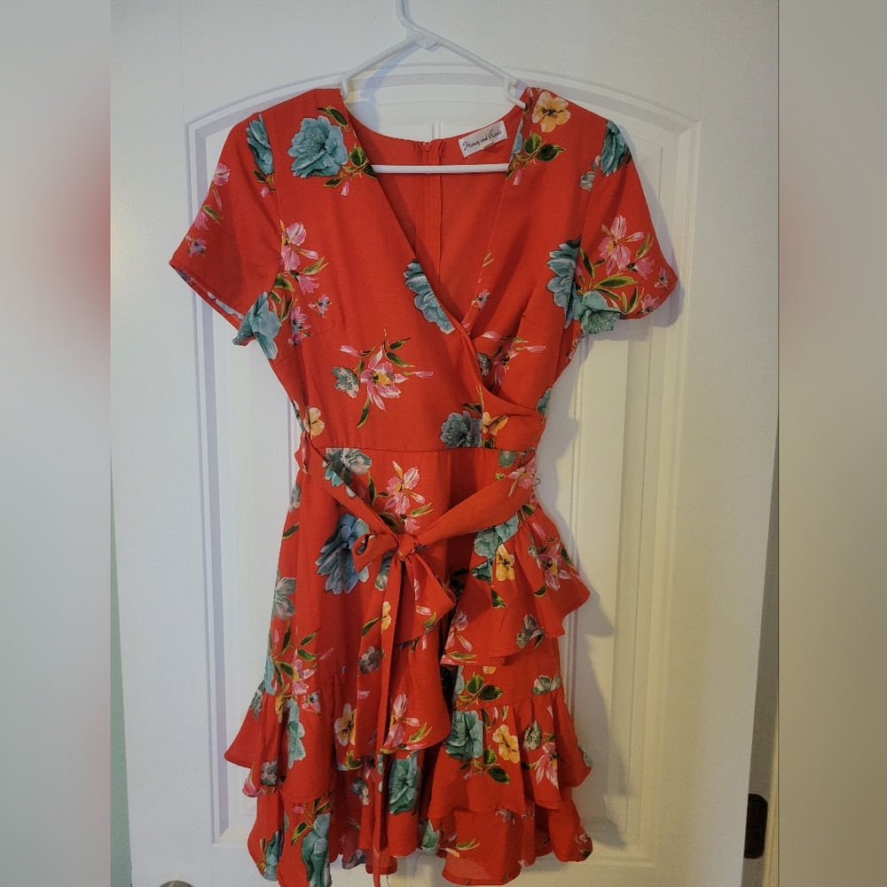 Honey and Rosie Red Floral Mini Dress with Green and Yellow Accents